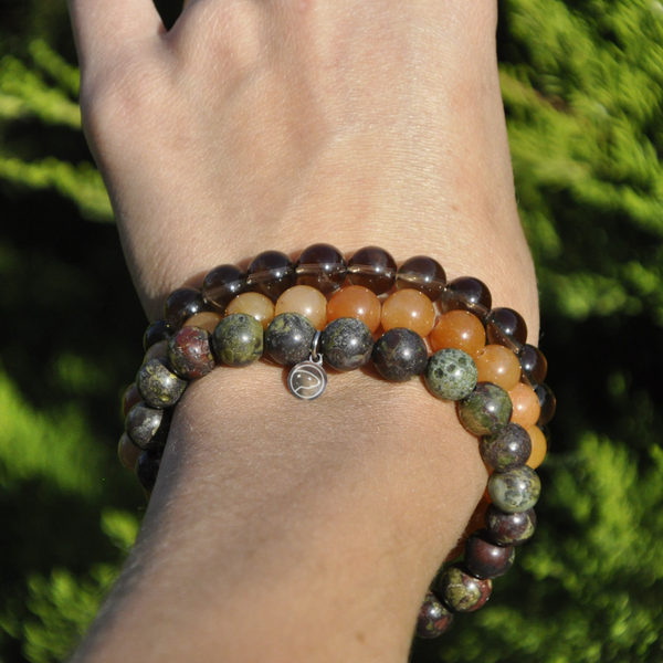 Transformation Pack: Orange Aventurine, Smoky Quartz and Bloodstone bracelets worn on the wrist